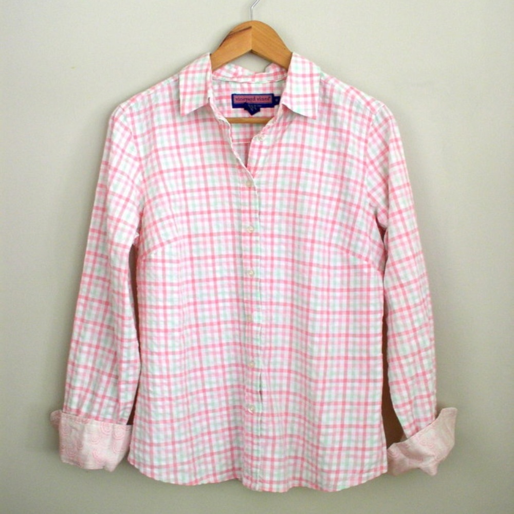 Vineyard Vines Pink Gingham Plaid Flip Cuff Blouse